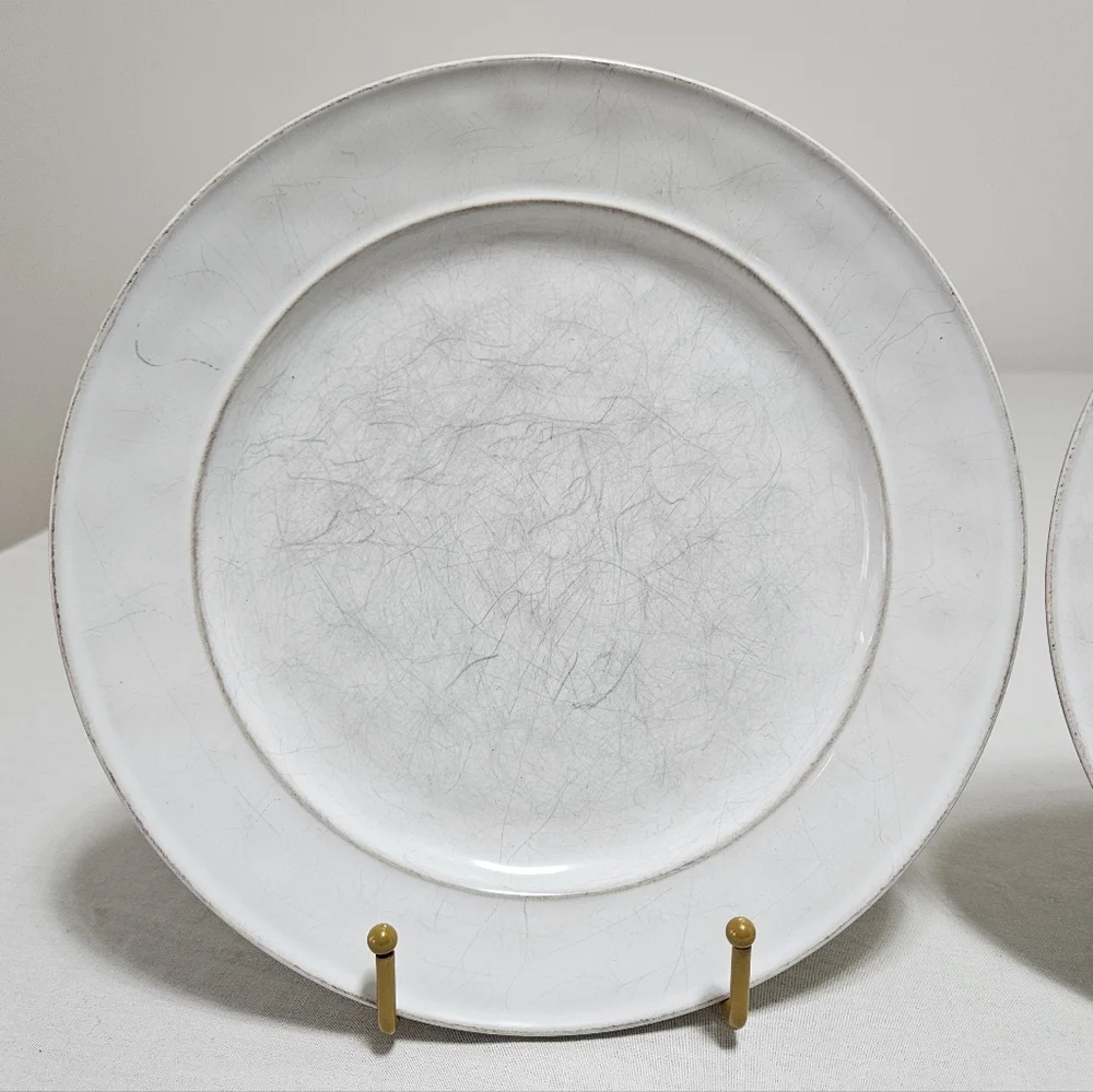 Pottery Barn Cambria Stone (2) Dinner Plates Handcrafted Rustic Trim White 10.7